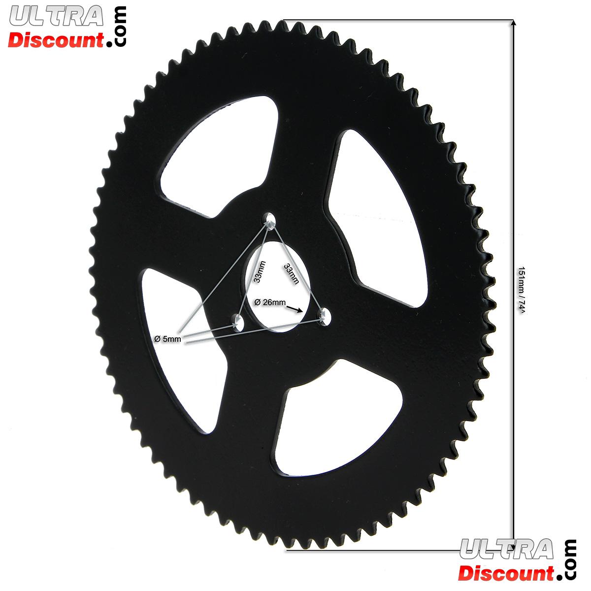 Couronne Renforce 74 Dents Petit Pas H25 pour Pocket Bike 3 Trous 4 Branches  26mm photos 1